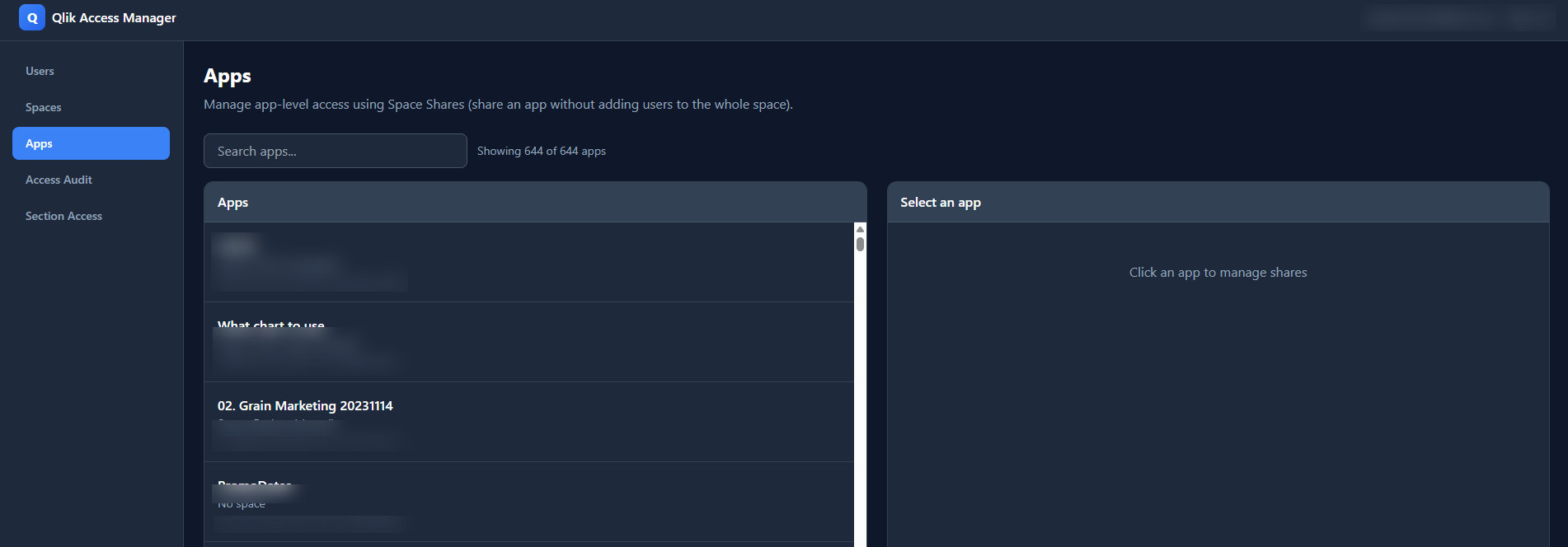Qlik Access Manager app access view